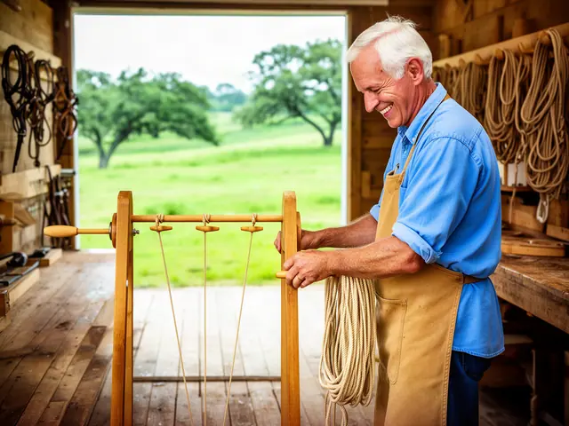 A smiling rope maker turning the crank of a wooden rope-making machine in a ranch workshop.