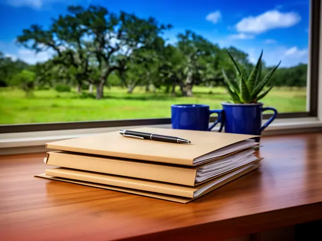 A neat stack of closed manila folders and a pen on a desk by a window.