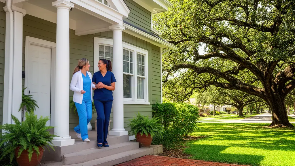A dentist and her assistant in scrubs chatting as they step off the porch of a converted craftsman-house dental office.