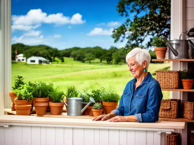 A shop owner behind the counter of a small home-and-garden shop.