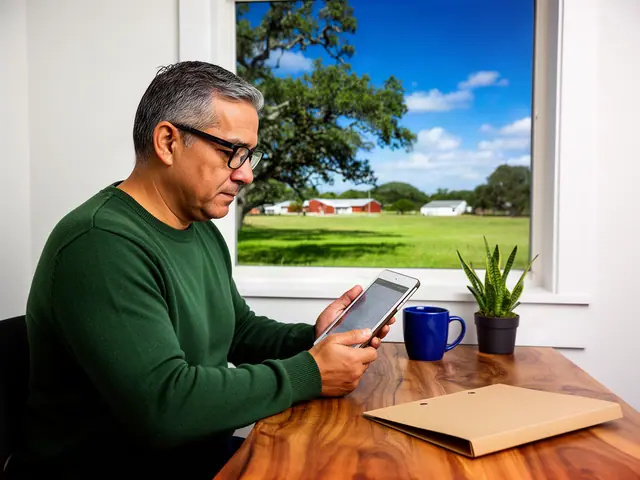 A man with short graying hair and black-framed glasses reviewing a tablet at a desk in a small back office.