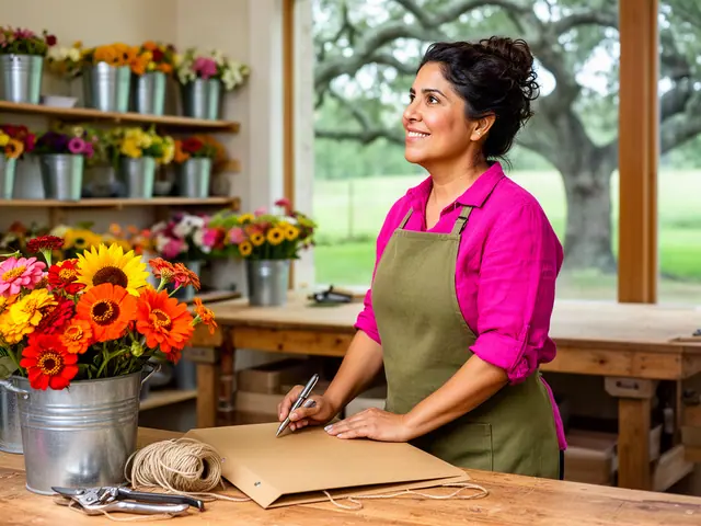 A florist in a green apron at her worktable beside a bucket of zinnias and sunflowers.